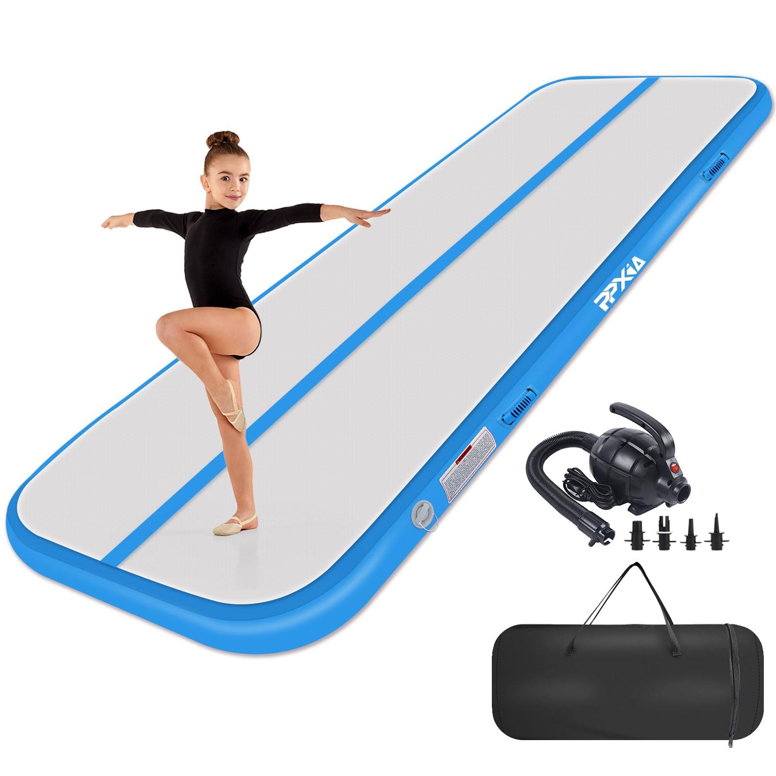 Inflatable Gymnastics Tumbling Mat 6.6ft/10ft/13ft/16ft/20ft - 4/8 Inch Thick Air Track Mat with Pump for Kids & Adults - Perfect for Home Gym, Outdoor Cheerleading Training, Gymnastics Practice & Backyard Play