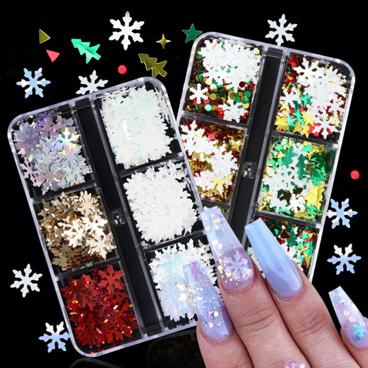 Doneace Christmas Nail Glitter Sequins - 2 Boxes Snowflake Nail Art Confetti with 3D Holographic Shine - Perfect for Holiday Nail Designs, Acrylic Nails Decorations & DIY Christmas Manicures - Great for Parties, Gifts & Festive Nail Art