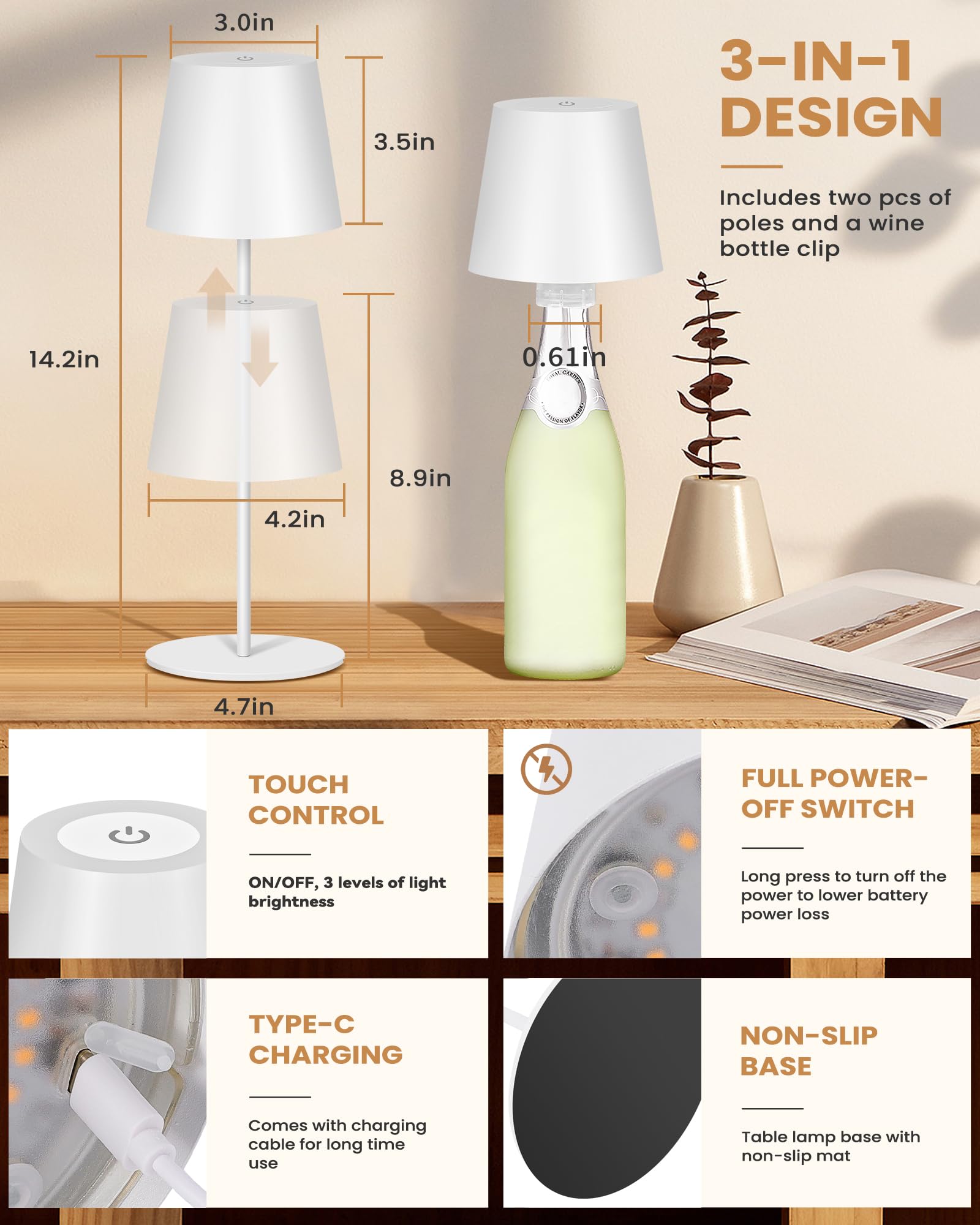 2Pack Cordless Table Lamp - Wireless Bottle Lamp with 3-Level Dimming, 5000mAh Rechargeable Battery, One-Touch Power Off, Waterproof LED Portable Desk Light for Bedroom, Bars, Camping, Outdoor (White) - Perfect for Night Reading, Parties & Emergency Lighting