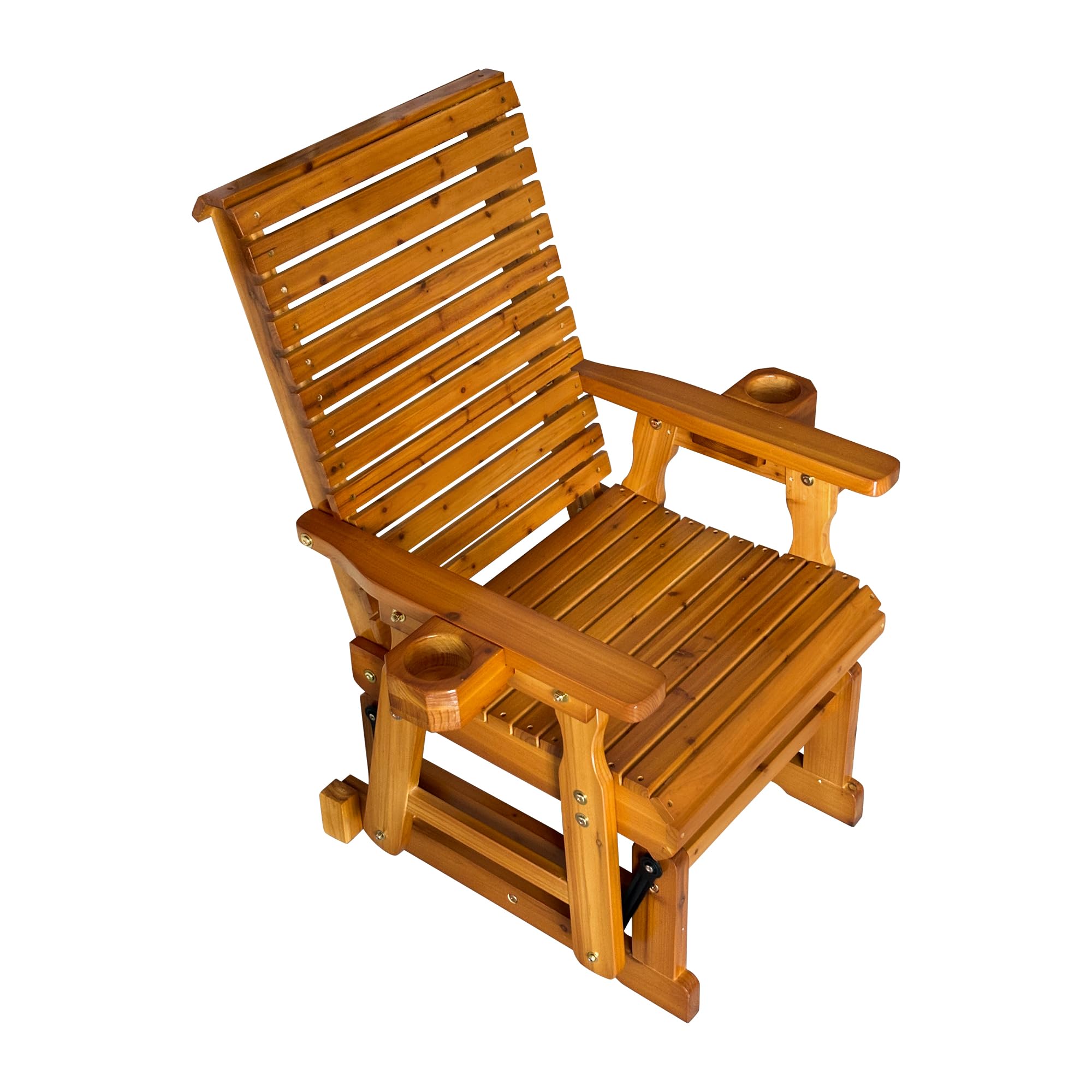 Fortune Candy Wooden Patio Glider - Single Person Outdoor Swing Chair with High Backrest & Deep Contoured Seat, Solid Fir Wood Construction, 600 LB Weight Capacity (Cedar Tone, Bridge Back) - Perfect for Porch, Garden, Deck Relaxation