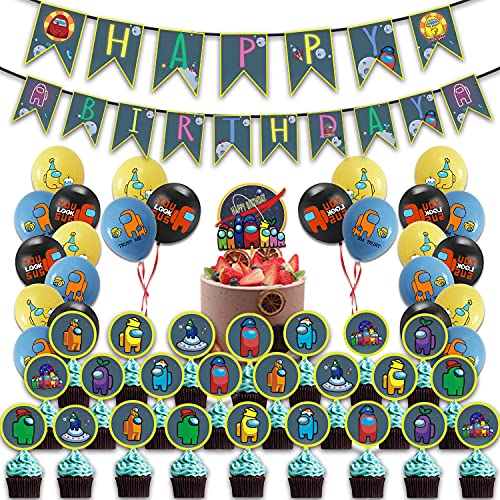 FONBALLOON Among Us Birthday Party Decorations Set - 12 Inch Happy Birthday Banner, Latex Balloons & Cake Toppers - Perfect for Among Us Themed Parties, Game Nights & Kids Birthday Celebrations
