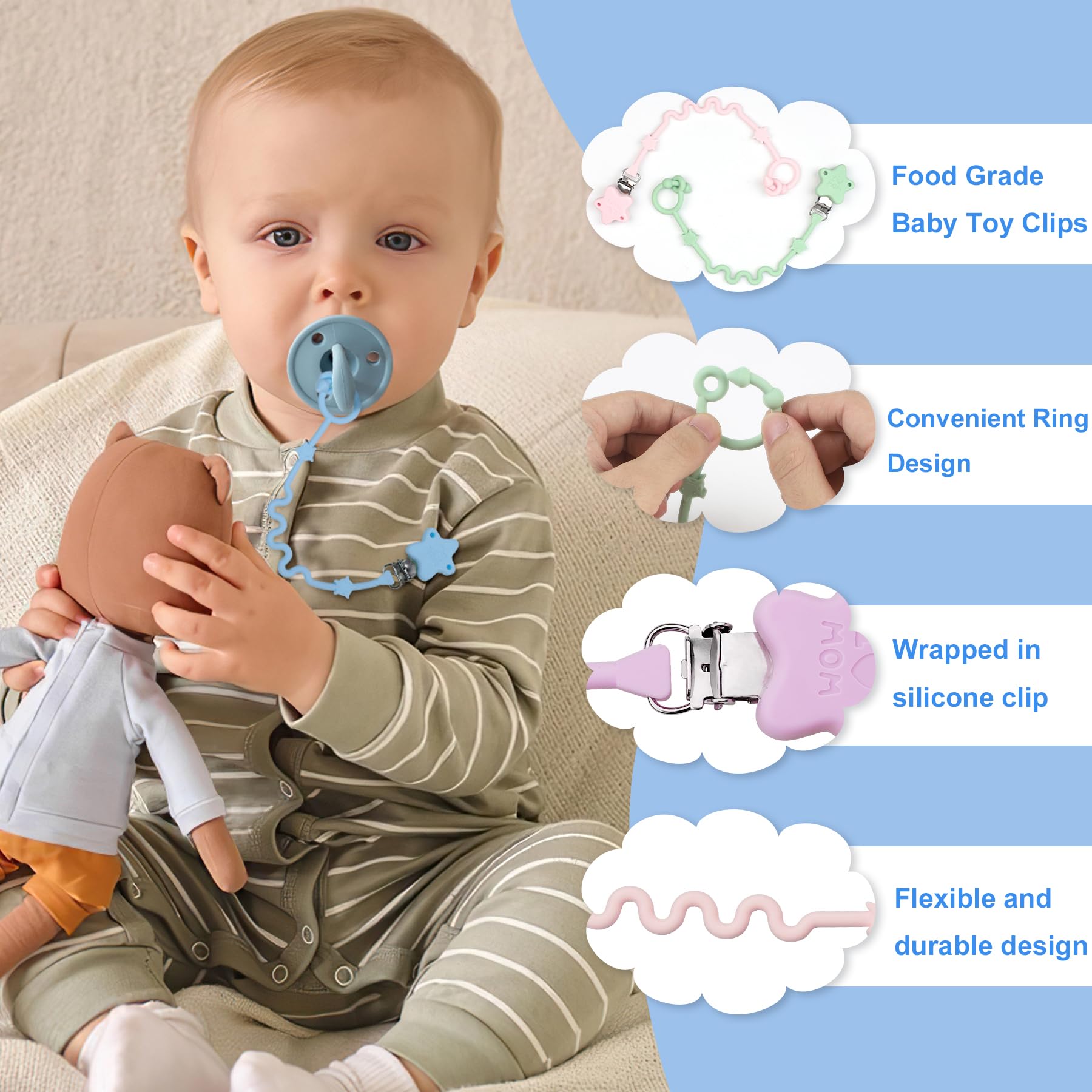 RTMOK 6-Pack Silicone Baby Toy Straps & Pacifier Clips - Multi-Color Teething Toy Holder for Car Seats, High Chairs, Strollers, Cribs & Rocking Chairs | Secure & Safe Infant Accessories for Feeding, Travel & Playtime