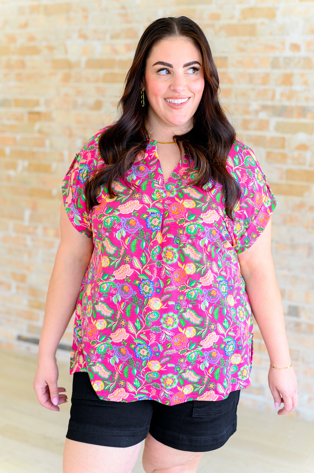Lizzy Cap Sleeve Top - Fuchsia & Green Floral Paisley Print Women's Blouse | Perfect for Summer Outfits, Casual Wear & Boho Style Fashion
