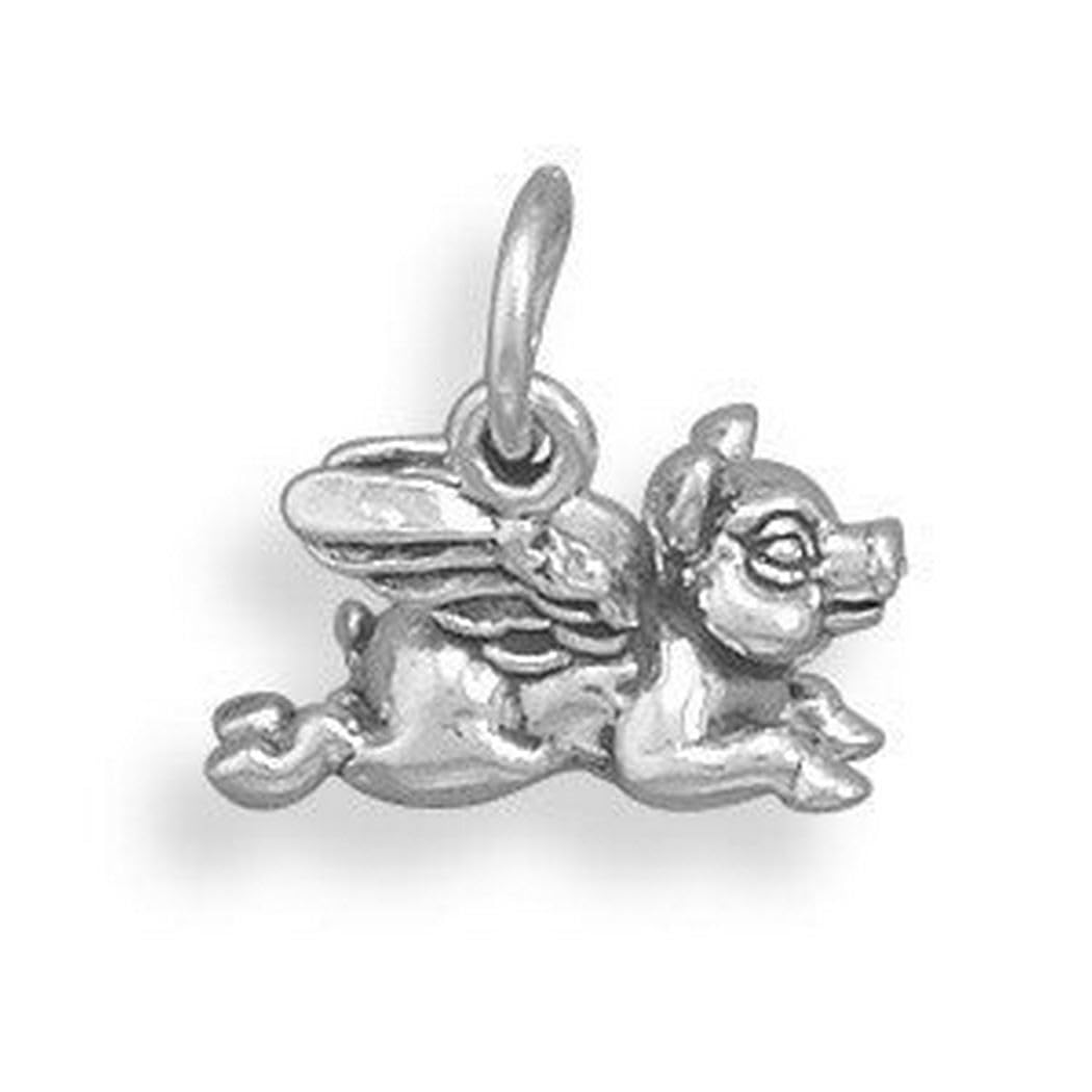 Oxidized 925 Sterling Silver Flying Pig Charm Pendant Necklace for Women - 17mmx11mm Bead Charm | Trendy Jewelry Gift for Birthday, Anniversary & Everyday Wear