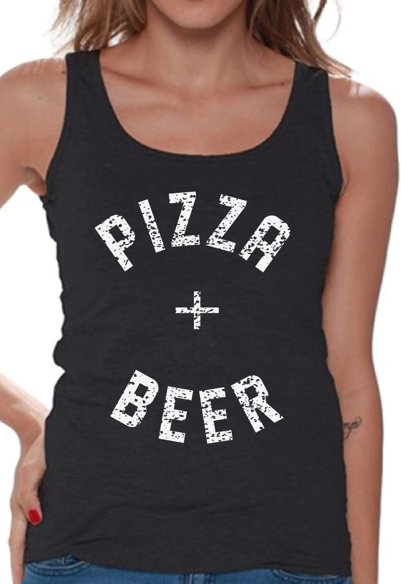 Awkwardstyles Women's Pizza & Beer Graphic Tank Top - White Funny Food Lover Shirt for Girls Night Out, Bachelorette Party & Summer Festivals