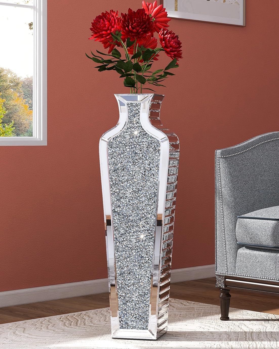 SHYFOY 26.8 Inch Tall Crushed Diamond Floor Vase - Large Silver Mirror Vase for Home Decor, Luxury Dried Flower Arrangement Container - Perfect for Living Room, Bedroom & Wedding Centerpiece Decorations