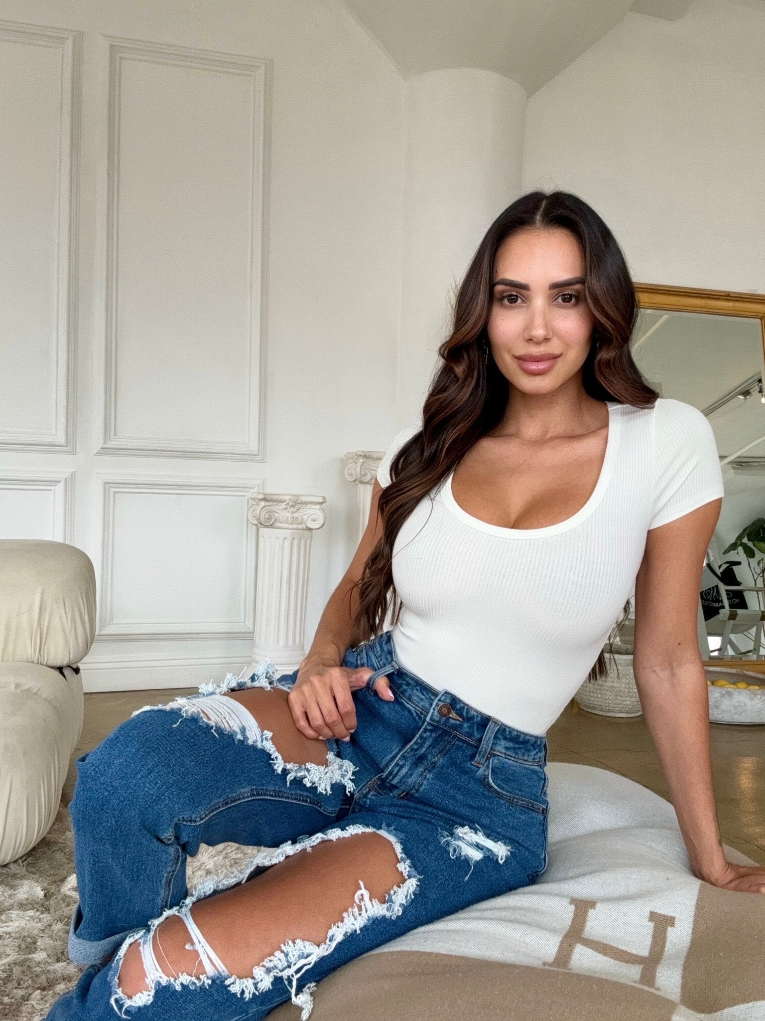 White Ribbed Round Neck Short Sleeve Thong Bodysuit for Women - Sexy Stretchy Cotton Blend Bodycon Outfit for Date Night, Clubwear & Lingerie