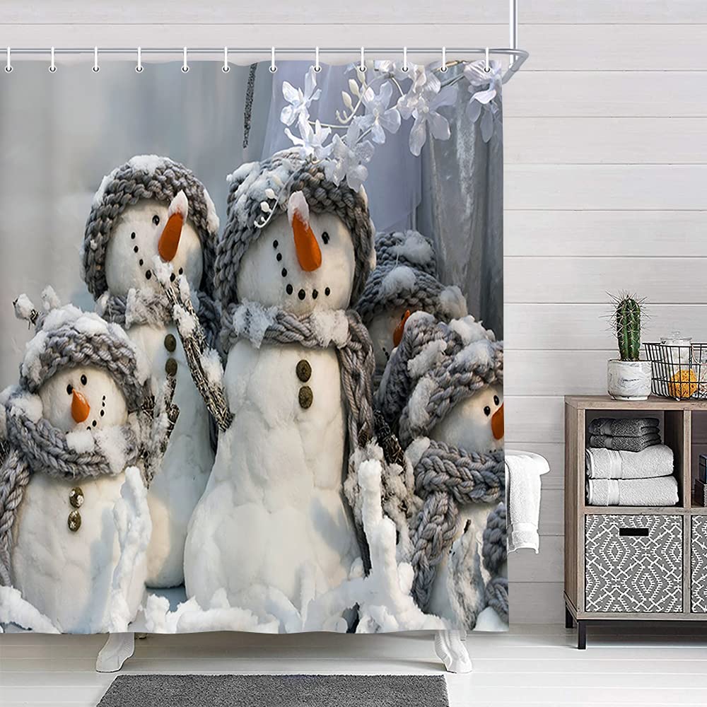 Funny Retro Christmas Snowman Shower Curtain - Waterproof Polyester Fabric Bath Curtain with Hooks, Cute Winter Holiday Bathroom Decor for Kids (Gray) - Perfect for Xmas Bathroom Decorations & Festive Home Styling