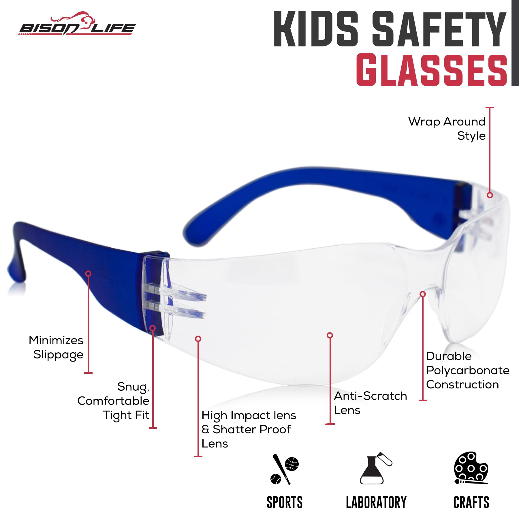 BISON LIFE Kids Safety Glasses - ANSI Z87.1 Certified Protective Eyewear for Children, Bulk Pack of Science Safety Goggles for School Labs, Woodworking, and DIY Projects