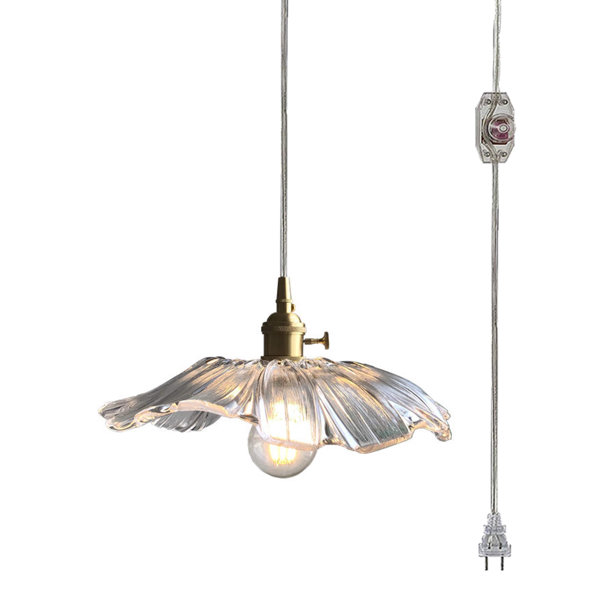 Plug-in Hanging Swag Lamp with 15ft Cord - No Wiring Needed Pendant Light with UL Listed On/Off Dimmer Switch, Clear Glass Flower Shade & Brass Holder for Kitchen Island, Dining Room, Bedroom, or Patio Lighting