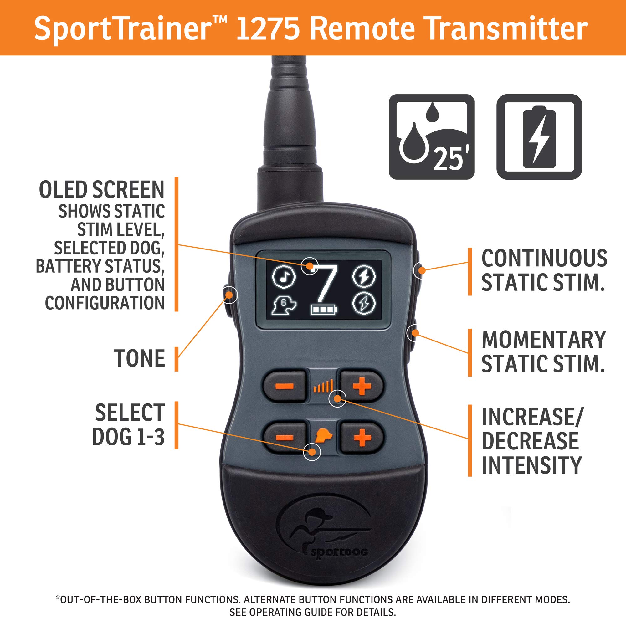SportDOG Brand SportTrainer 1275 Remote Dog Training Collar - 3/4 Mile Range, Waterproof & Rechargeable with Tone, Vibration & Static - Bright OLED Screen for Easy Reading - Perfect for Obedience Training, Hunting & Outdoor Adventures (Black)