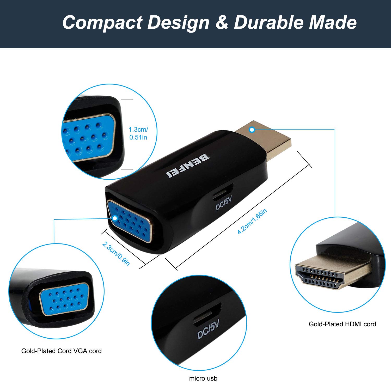 Premium HDMI to VGA Adapter Gold-Plated - for PC, Laptop, Monitor, Gaming
