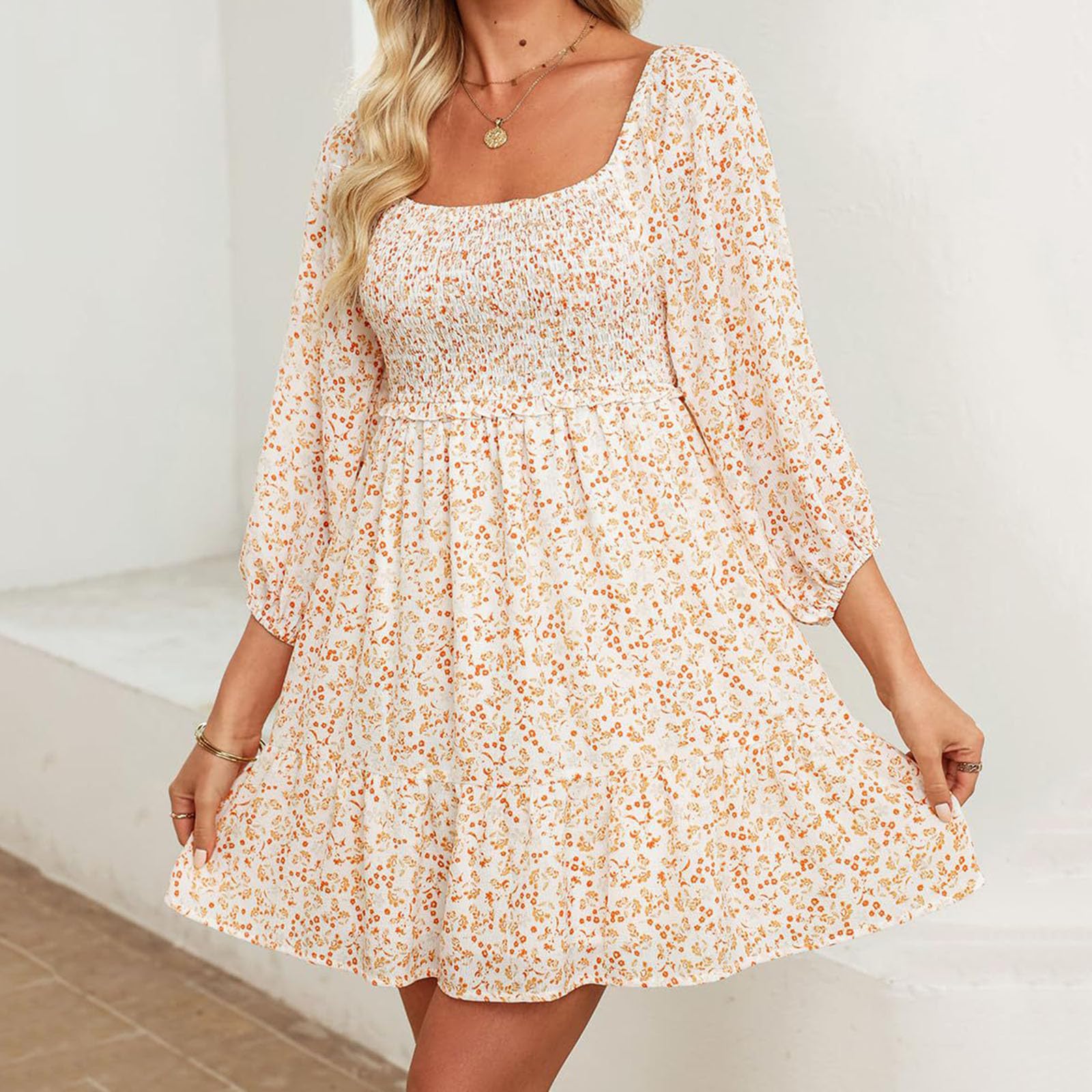 Boho Floral Dress for Women - 3/4 Sleeve Casual Ruffle Swing Dress with Square Neck & Smocked Waist | Perfect for Summer Outfits, Beach Vacations & Boho Chic Style