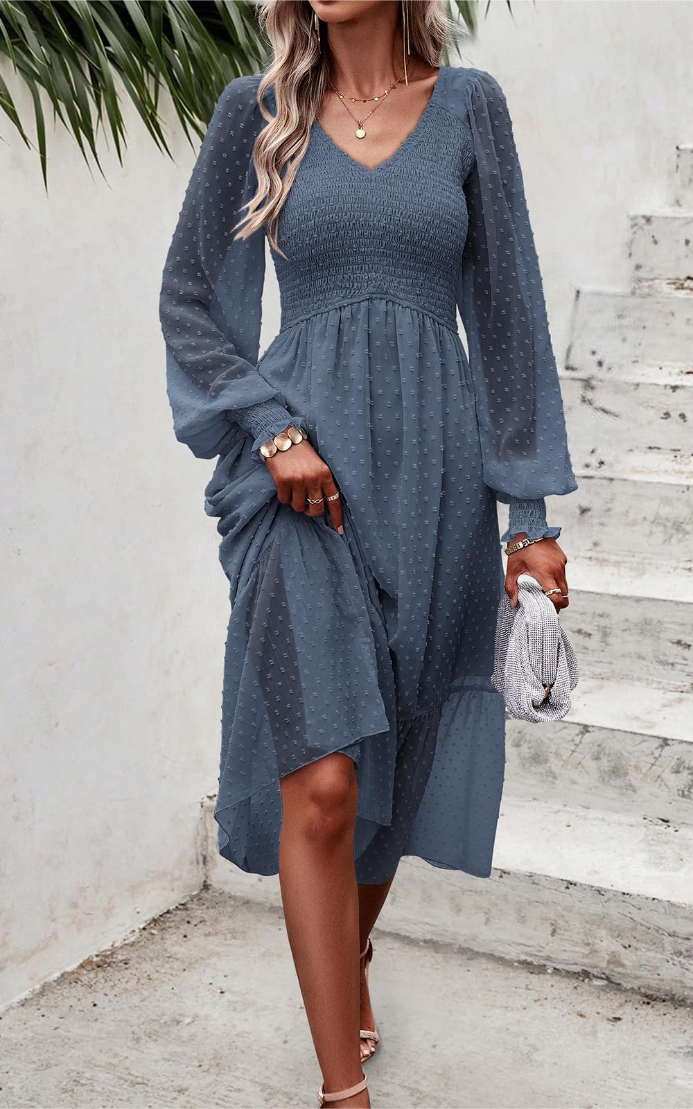 PRETTYGARDEN Women's Floral Swiss Dot Chiffon Dress - Long Sleeve V-Neck Empire Waist Ruffled Midi Dress for Spring 2025 | Perfect for Wedding Guest, Garden Party & Date Night Outfits