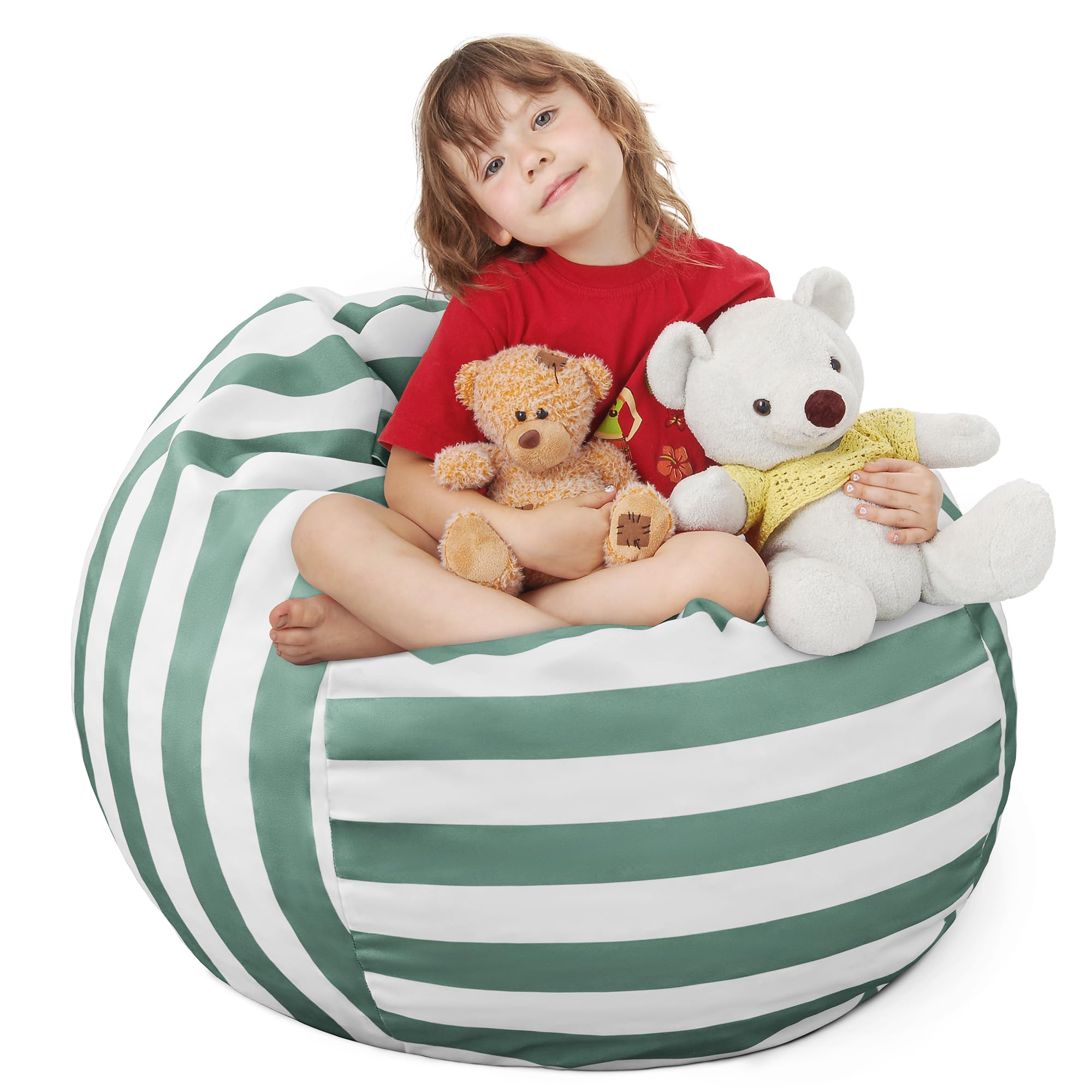 EXQ Home Kids Bean Bag Chair Cover - Green and White Striped Stuffed Animal Storage with Zipper for Organizing Plush Toys, Perfect Holiday Gift for Boys & Girls (2XL) - Great for Playrooms, Bedrooms, and Toy Organization