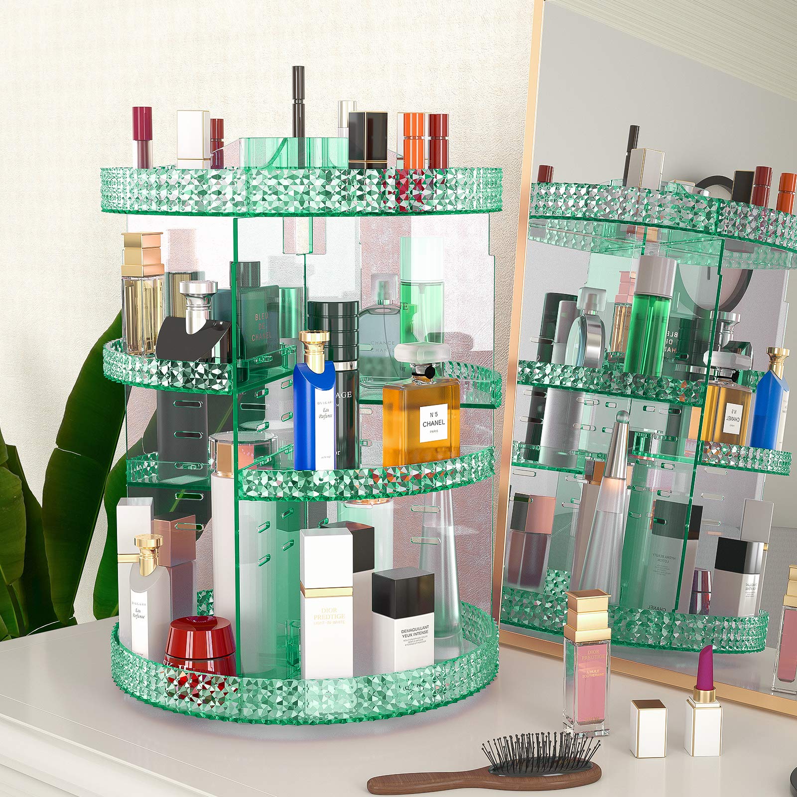 360 Degree Rotating Makeup Organizer - Extra Large Capacity 7-Layer Cosmetic Storage with Removable DIY Trays | Acrylic Vanity Organizer for Perfume, Lipstick & Beauty Products | Perfect for Bathroom Countertop, Dressing Table & Bedroom Decor (Green)
