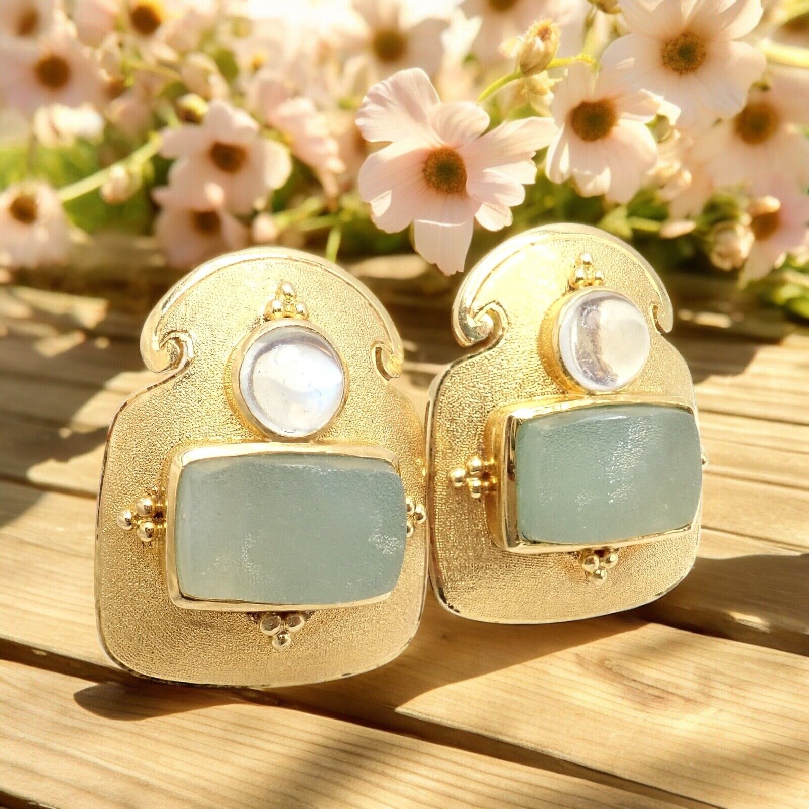Exquisite Vintage Paula Crevoshay 18K Gold Smithsonite Moonstone Earrings - Unique Handcrafted Jewelry for Women | Perfect for Weddings, Anniversaries & Special Occasions