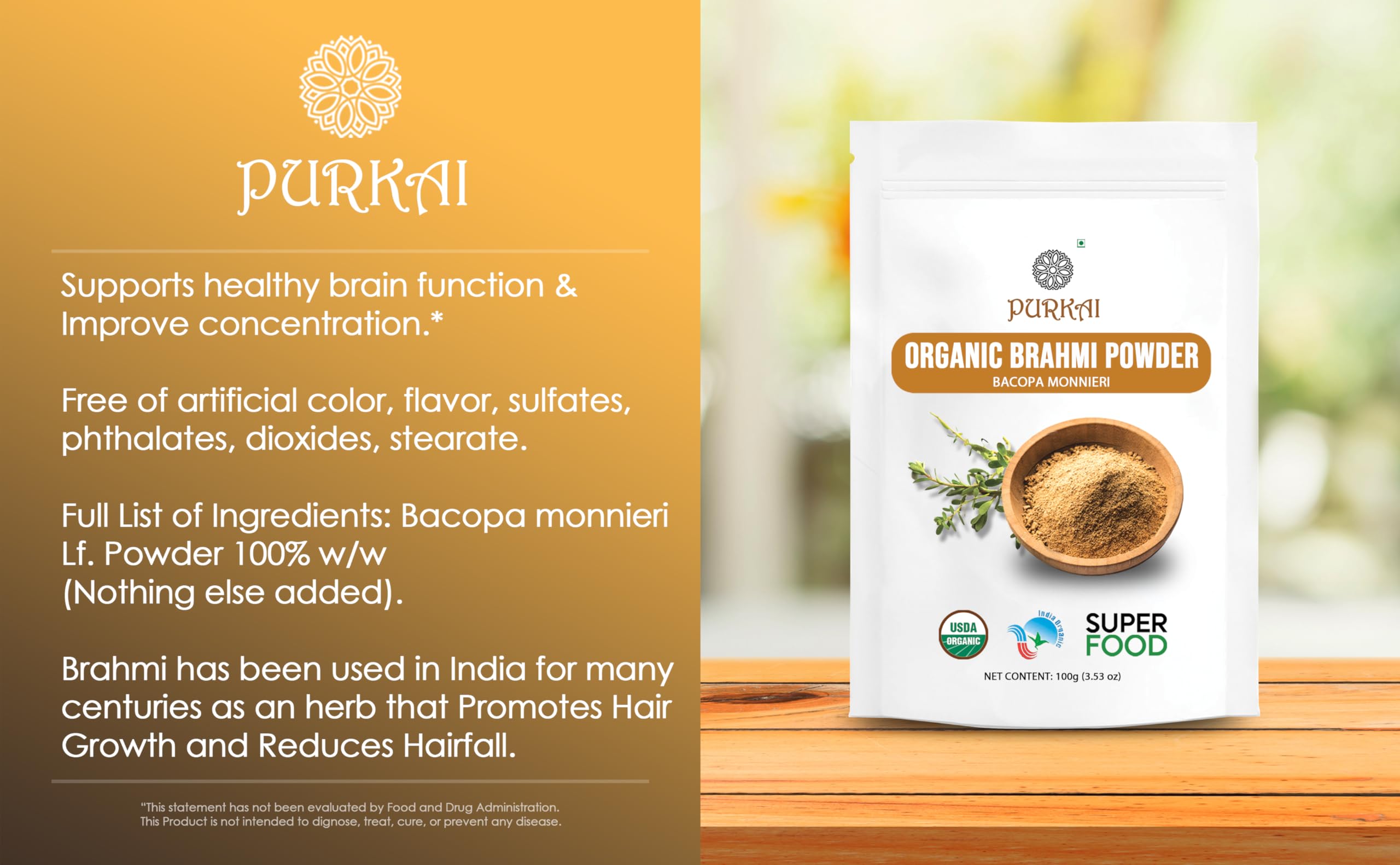 PURKAI - 100% Organic Brahmi Powder (Bacopa Monnieri) | Natural Stress Relief & Anxiety Support | Hair Growth & Scalp Care Supplement | Perfect for Meditation, Study Focus & Ayurvedic Wellness Routines