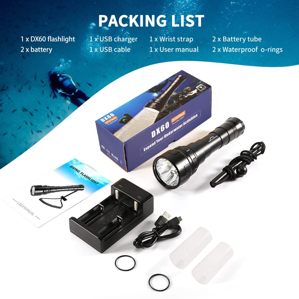 DF60 6000 Lumen Professional Scuba Diving Flashlight - IPX8 Waterproof Underwater Torch Light with Charger, 150M Depth Rating for Night Diving, Cave Exploration & Marine Photography