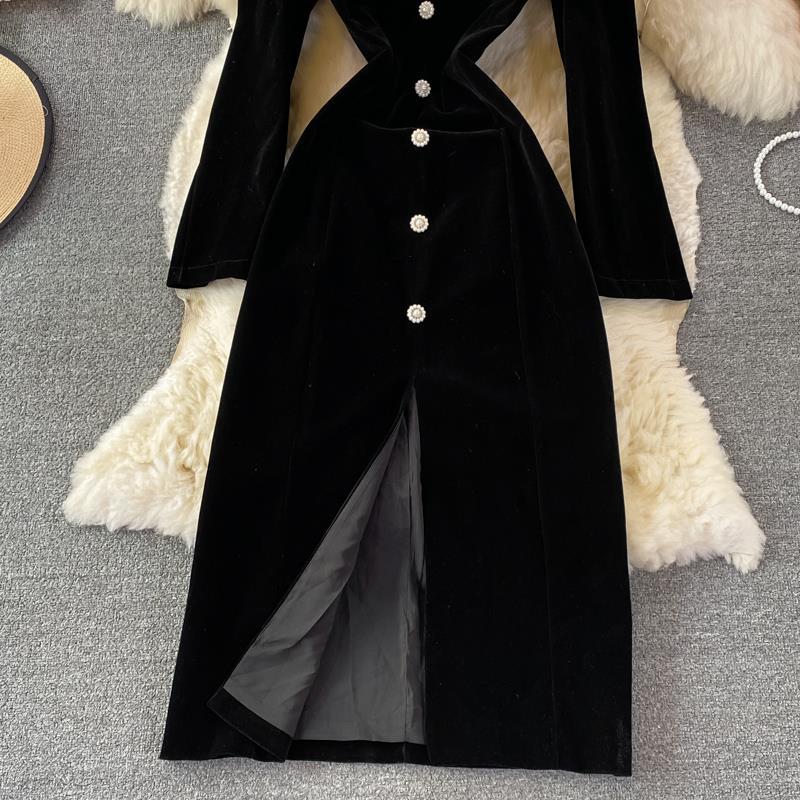 French Vintage Velvet Dress - Elegant Long Sleeve Slit Maxi Dress for Women | Perfect for Weddings, Parties & Special Occasions