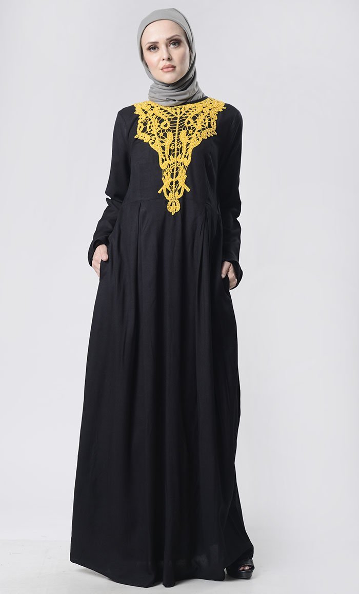 Elegant Handmade Neck Patch Abaya with Pockets - Modest Islamic Dress for Women | Perfect for Prayer, Mosque & Special Occasions