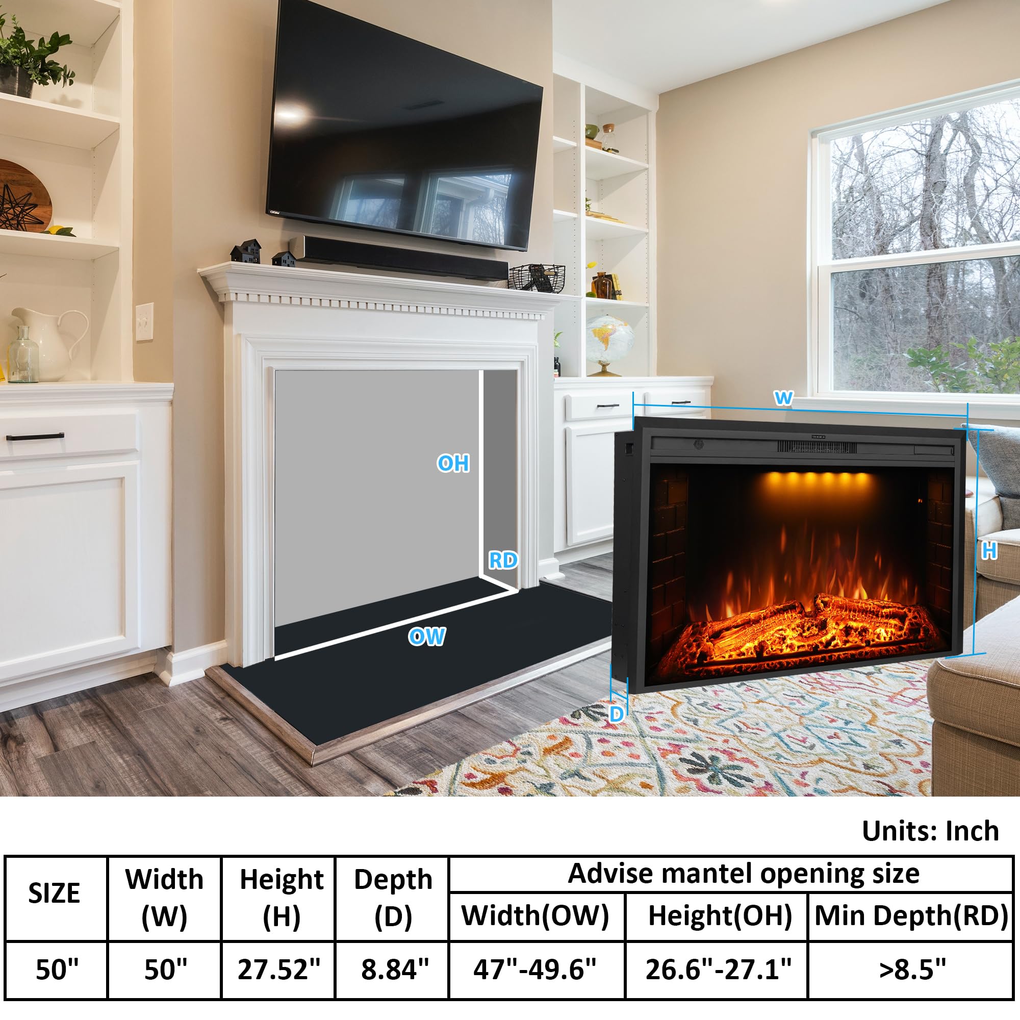50 Inch Electric Fireplace with Remote Control - Realistic Log & Crackling Sound - 750W/1500W Wall Mounted Heater with Overheat Protection & Timer - Perfect for Living Room, Bedroom, and Office Warming
