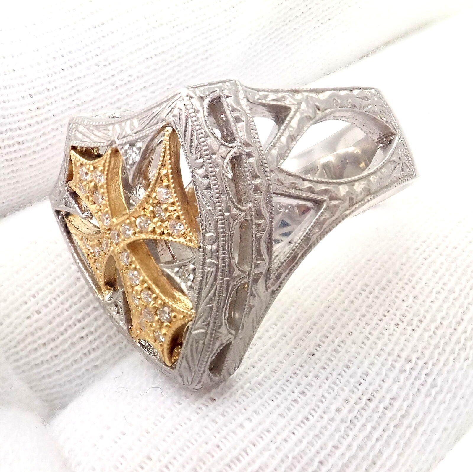 Authentic 18k White & Yellow Gold Diamond Cross Shield Crest Ring by Loree Rodkin - Luxury Religious Jewelry for Men & Women, Perfect for Gifts, Weddings & Special Occasions