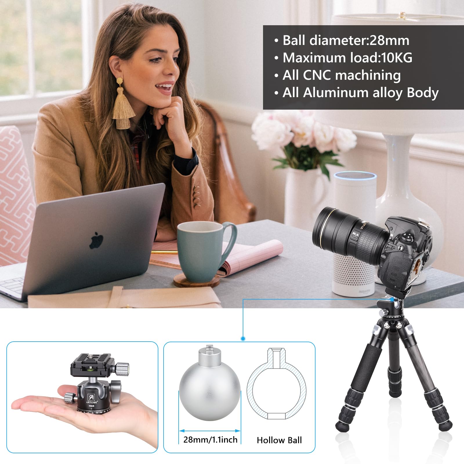 28mm Professional Low Profile Ball Head Tripod with 2 Arca-Swiss Quick Release Plates - CNC Aluminum 360° Rotating Panoramic Ball Head for DSLR Cameras, Monopods & Sliders (Max Load 22lbs/10kg) - Perfect for Landscape, Architecture & Travel Photography