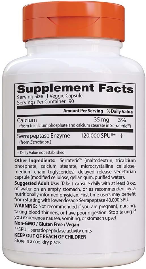 Doctor's Best High Potency Serrapeptase 120,000 SPU - 90 Vegetarian Capsules for Joint Support & Inflammation Relief | Supports Healthy Circulation & Respiratory Function