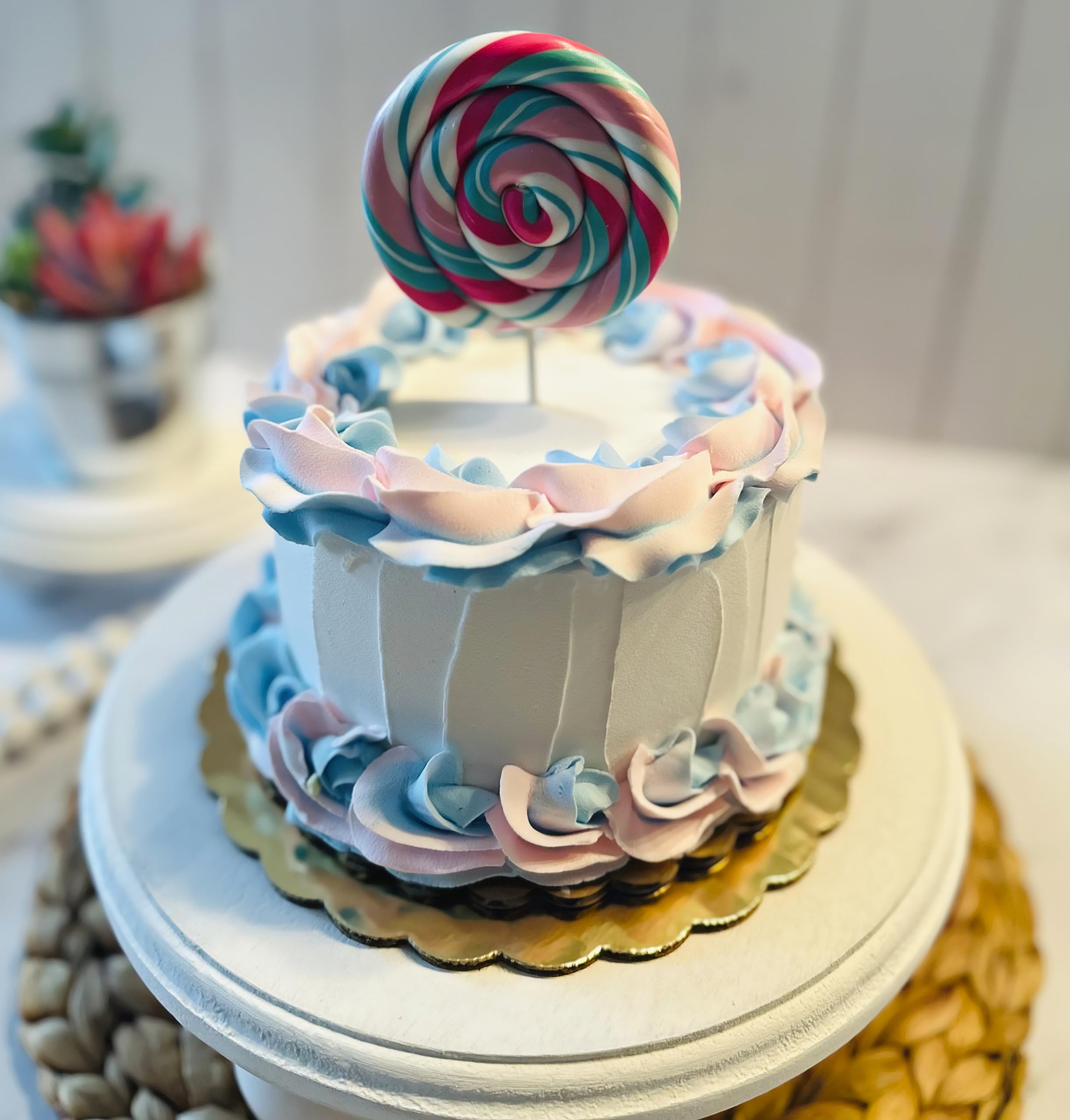 Dezicakes Handmade Fake Cake - Realistic White, Pink & Blue Lollipop Artificial Cake for Party Decorations, Wedding Centerpieces & Photo Props