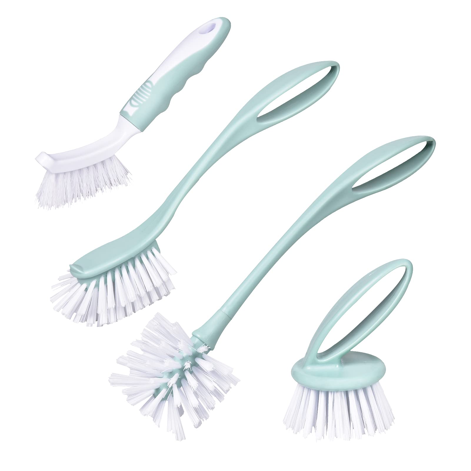 Dish Brush with Handle - 4-Piece Kitchen Scrub Brush Set for Pots, Pans & Bottles | Durable Cleaning Brushes in Nordic Green | Perfect for Dishwashing, Kitchen Cleaning & Home Organization