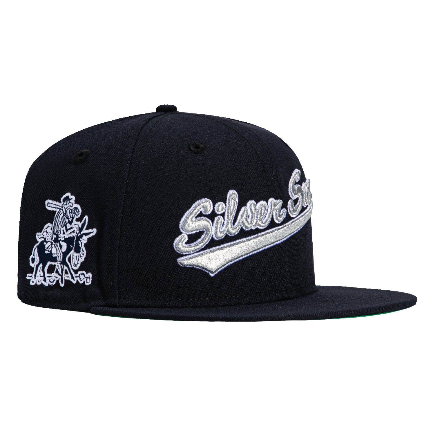 New Era 59Fifty Reno Silver Sox Logo Patch Script Hat - Navy & Metallic Silver Baseball Cap for Men & Women - Perfect for Sports Fans, Casual Wear & Gift Giving