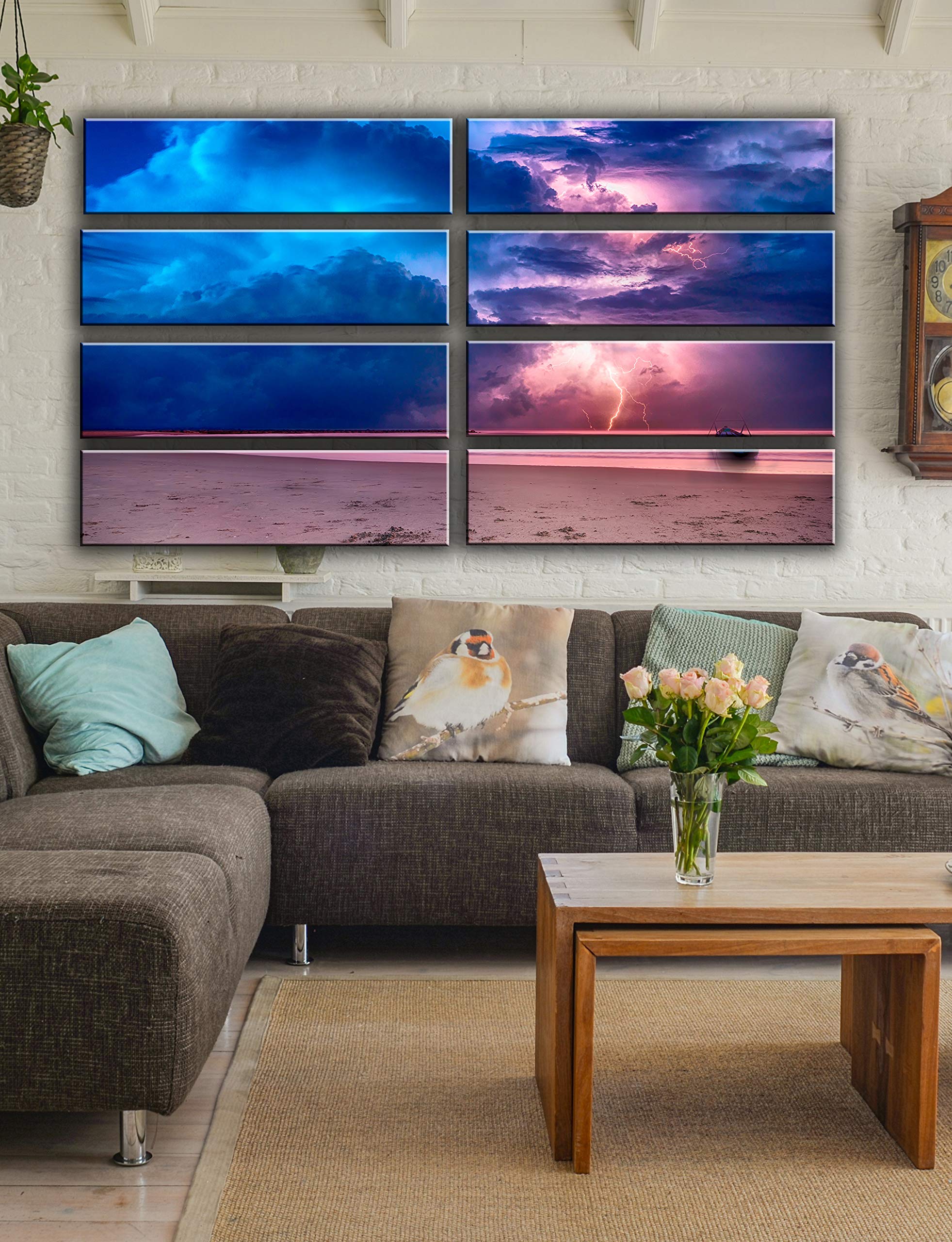 8-Piece Beach Sky Lightning Wall Art Canvas Print Set - Coastal Theme Boat Painting for Living Room, Bedroom & Office Decor