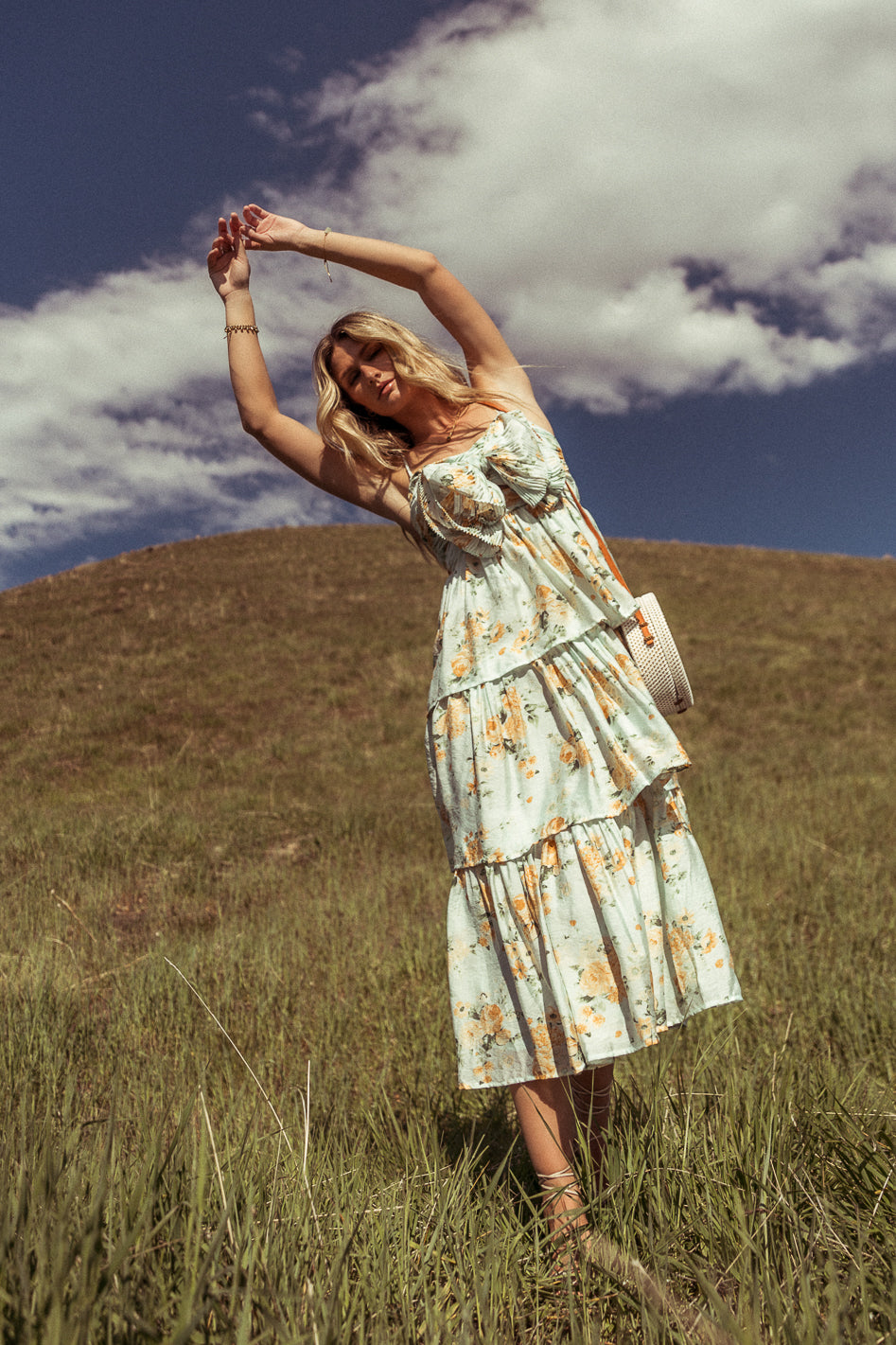Ava Floral Midi Dress in Sage Green - Women's Boho Summer Dress with Short Sleeves - Perfect for Beach Vacation, Garden Party & Date Night