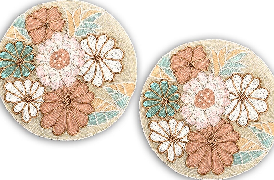 Handmade Floral Beaded Placemats Set of 4 - 13x13 Inch Summer Table Mats & Designer Charger Plates for Dining Table Decor, Wedding, Party & Home Decor