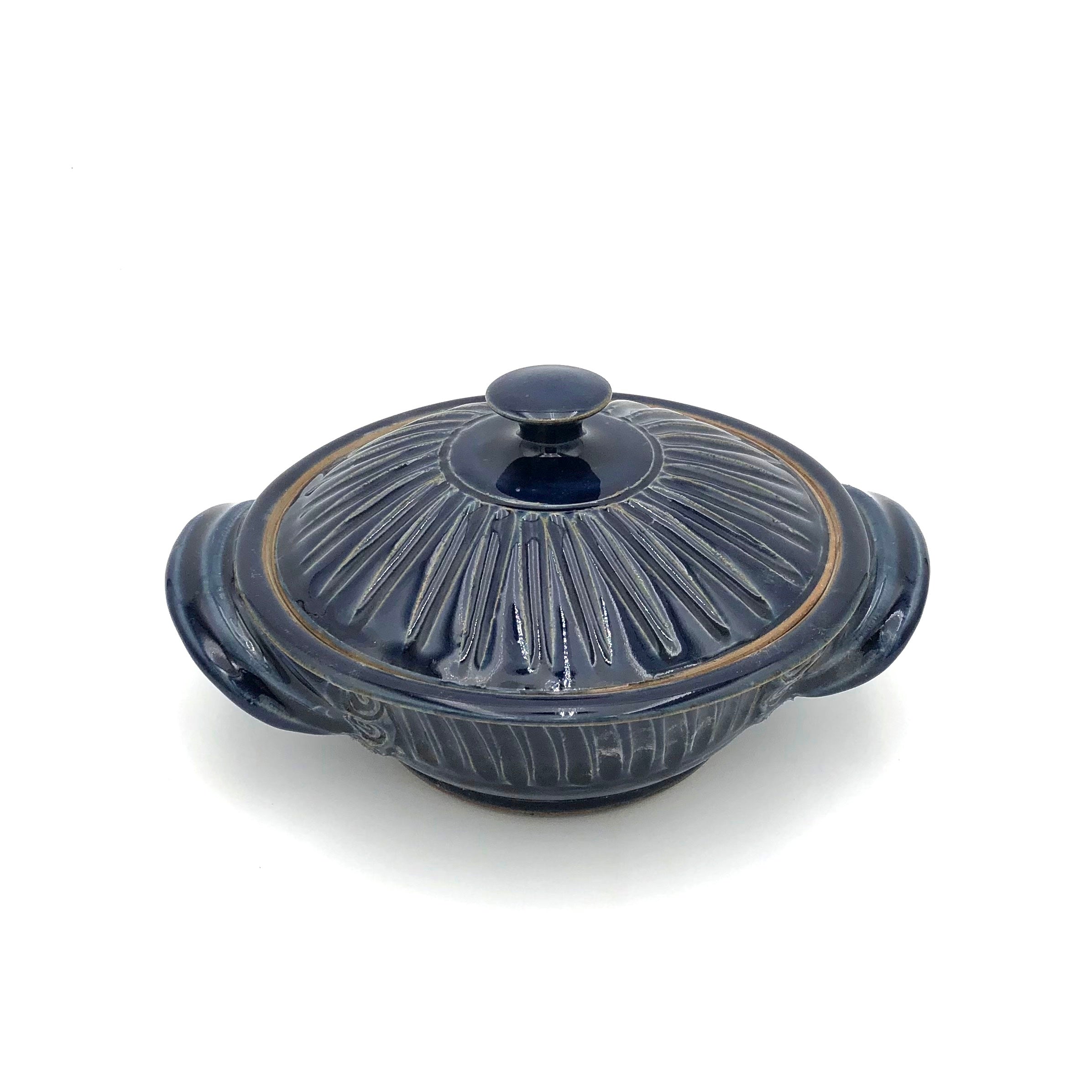 Coburn Small Lidded Casserole #2 Flat Pot - Fluted Dark Blue Ceramic Baking Dish for Oven, Stovetop & Serving | Perfect for Casseroles, Stews & Family Dinners
