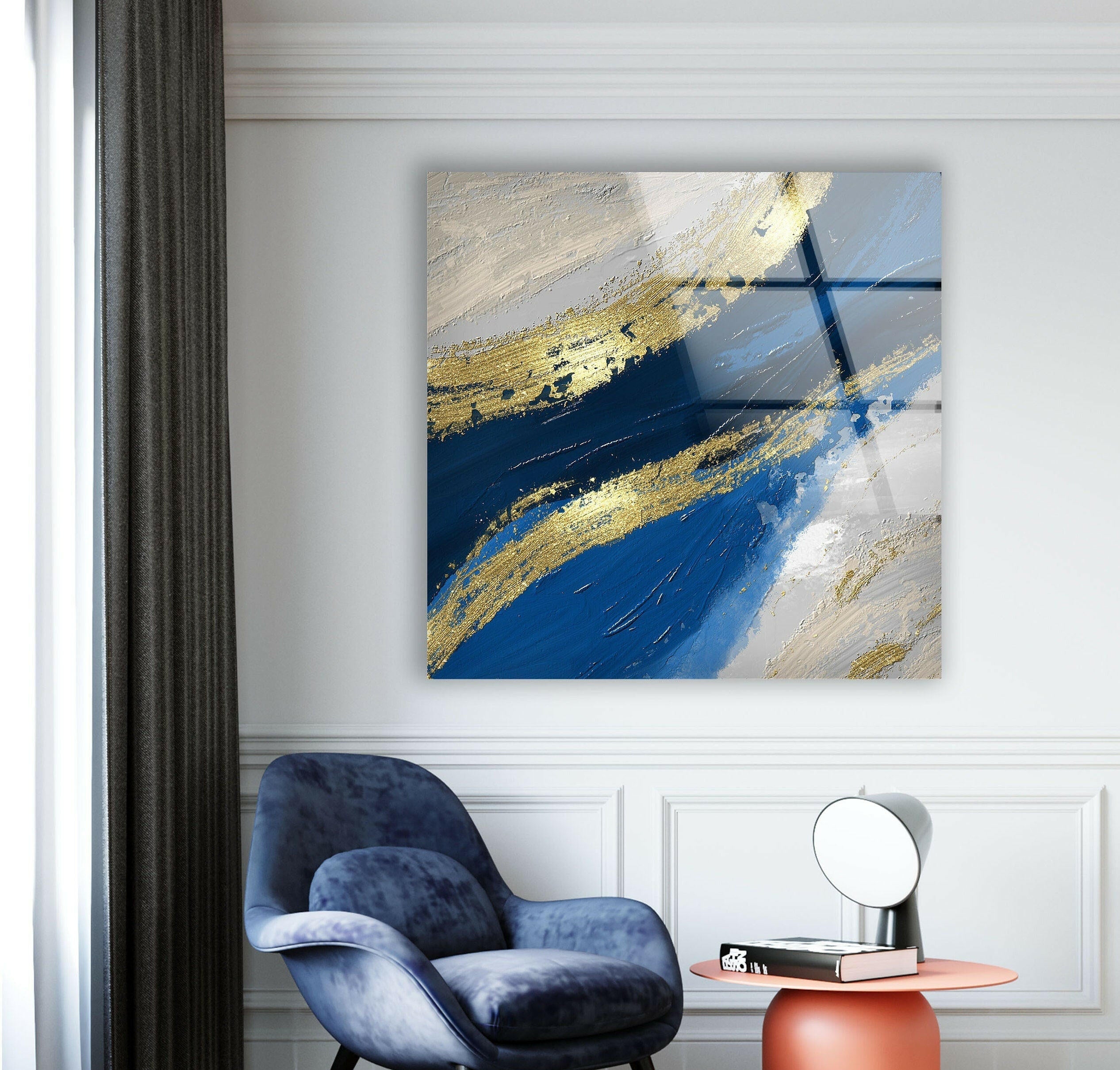 Blue and Gold Modern Art Glass Wall Decor - Elegant Handmade Glass Artwork for Living Room, Bedroom & Office Decor