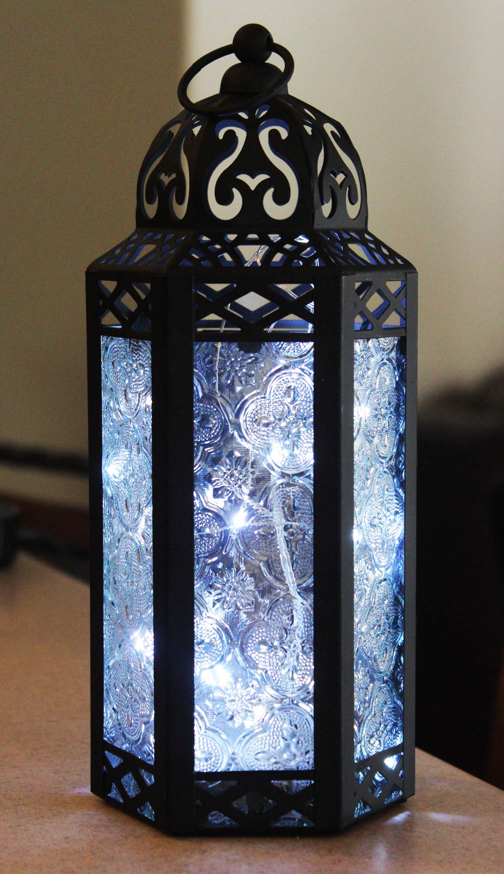 Vela Moroccan Candle Lantern with LED Fairy Lights - Medium Clear Glass Decorative Holder for Home, Garden & Wedding Decor