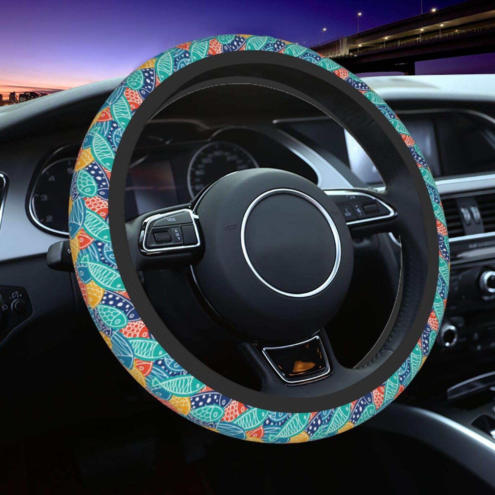 Delerain Colorful Fish Print Anti-Slip Elastic Steering Wheel Cover - Universal 15 Inch Car Accessory for Men & Women - Perfect for Daily Commute, Road Trips & Customizing Your Vehicle Interior