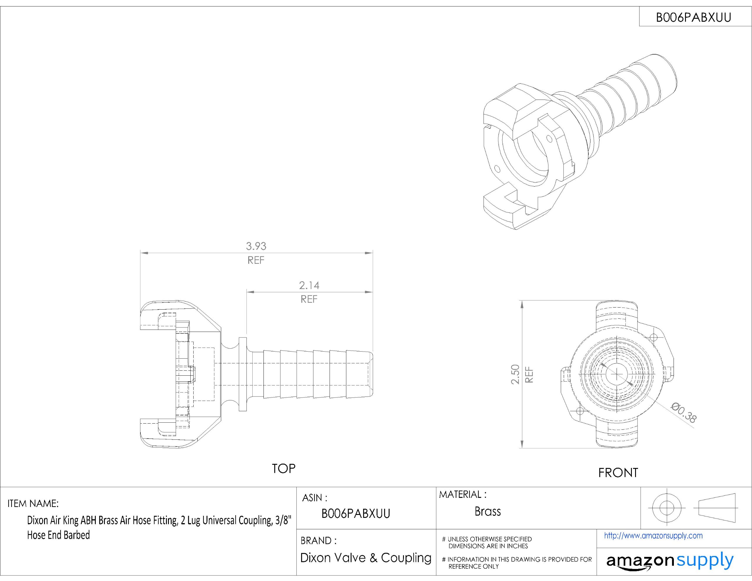 Dixon Air King ABH Brass Air Hose Fitting - 2 Lug Universal Coupling, 3/8