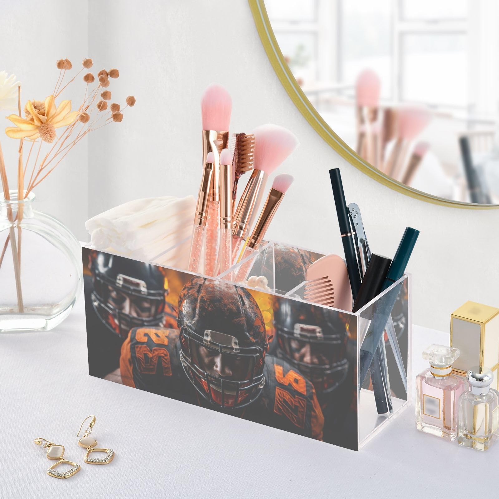 PDZRMY Acrylic Pen Holder with American Football Players Design - 4 Compartment Pencil Organizer, Brush & Utensil Cup - Personalized Pattern Desktop Organizer for Office, School, and Home Decor