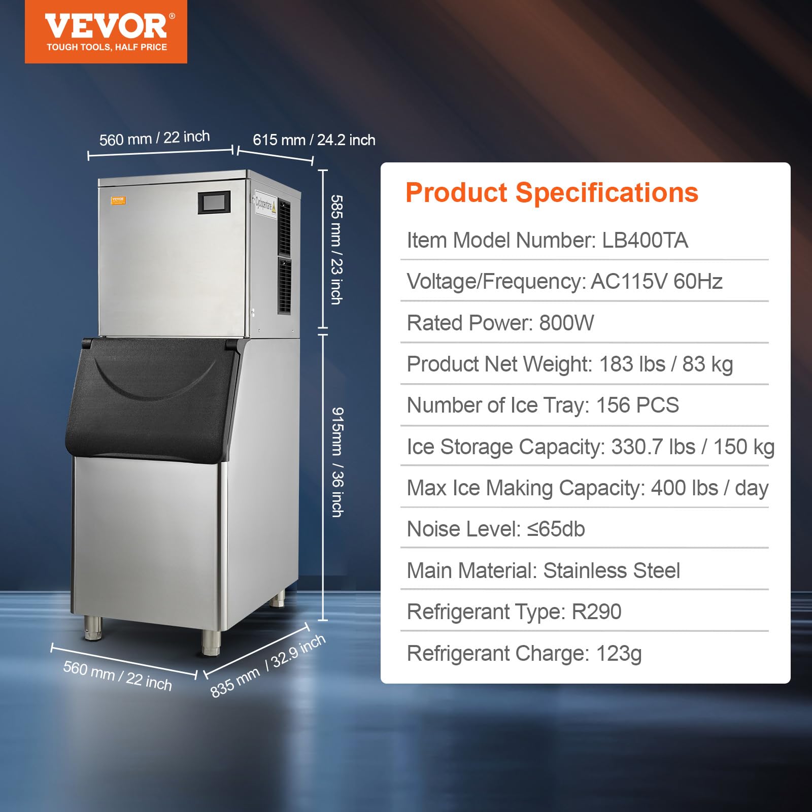 VEVOR Commercial Ice Maker Machine 400LBS/24H with 330.7LBS Storage Bin, 800W Self-Cleaning, 3.5