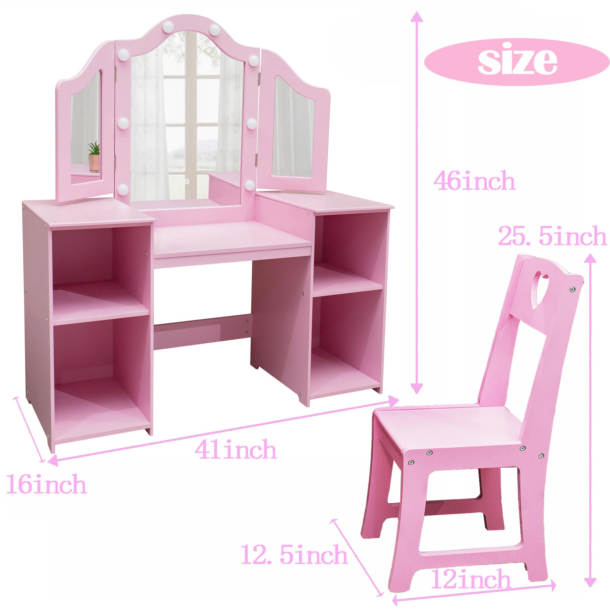 Princess Makeup Vanity Table for Girls - 2 in 1 Kids Wooden Dressing Table with Touch Light, Detachable Tri-Folding Mirror & Open Storage Shelves - Perfect for Bedroom Decor, Birthday Gifts & Pretend Play