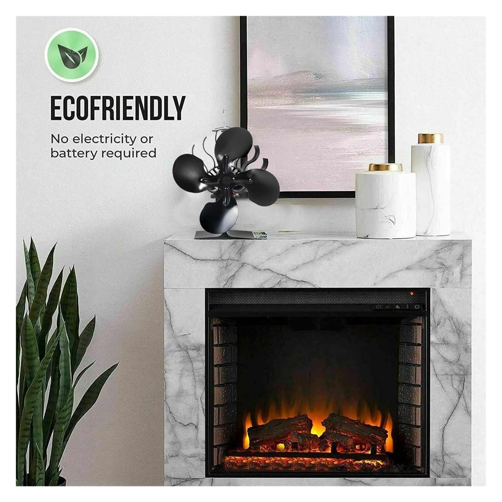 4-Blade Heat Powered Stove Fan - Efficient Wood Burner Fireplace Fan for Quiet Heat Distribution - Eco-Friendly & No Electricity Needed - Perfect for Wood Stoves, Fireplaces & Log Burners (Black)