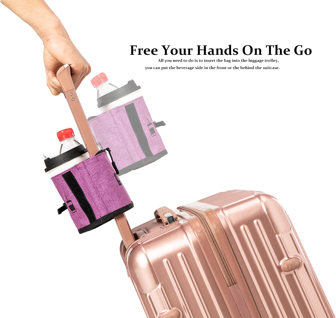Universal Travel Cup Holder for Suitcases - Portable Drink Caddy Fits All Roll-On Luggage Handles | Holds 2 Coffee Mugs or Water Bottles | Perfect Travel Accessory for Men & Women (Purple) | Ideal for Airports, Road Trips & Commuting