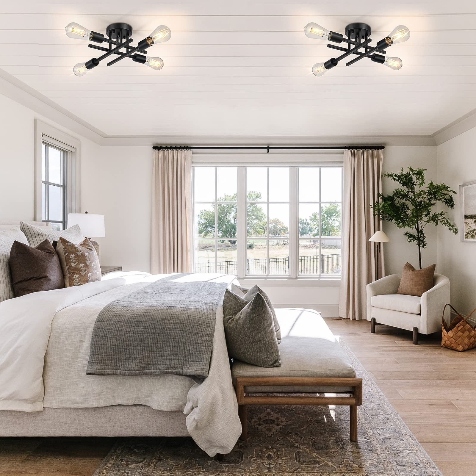 SunRider 2-Pack Industrial 4-Light Semi Flush Mount Ceiling Light Fixture, Matte Black Farmhouse Sputnik Chandelier - Modern Lighting for Kitchen, Hallway, Dining Room & Bedroom - Dimmable LED Compatible, Rustic Home Decor