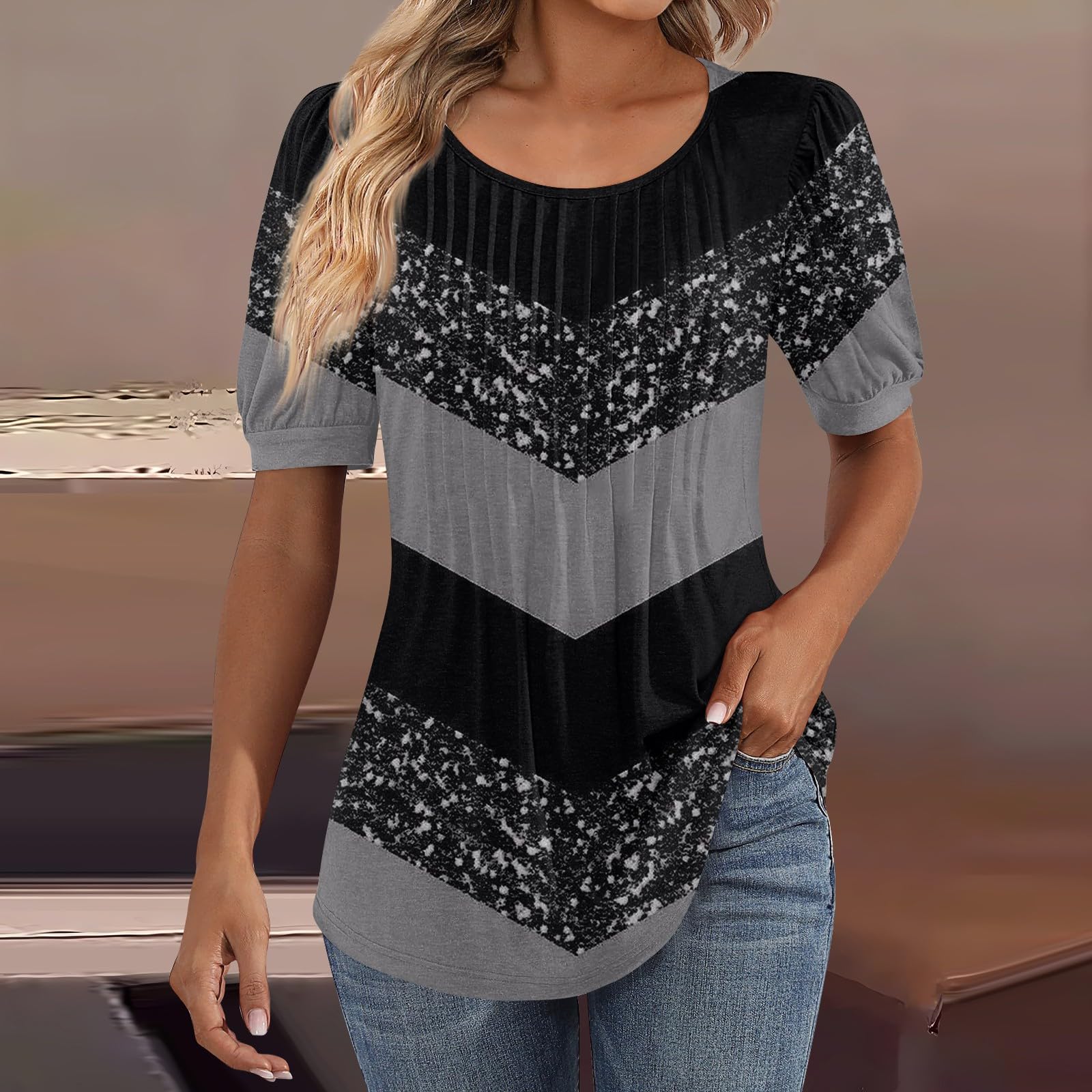 Plus Size Women's Summer Short Sleeve Tops - Floral Ruched Cotton Blouses & Tunic T-Shirts for Fall - Round Neck Casual & Dressy Tops for Work, Date Night & Everyday Wear