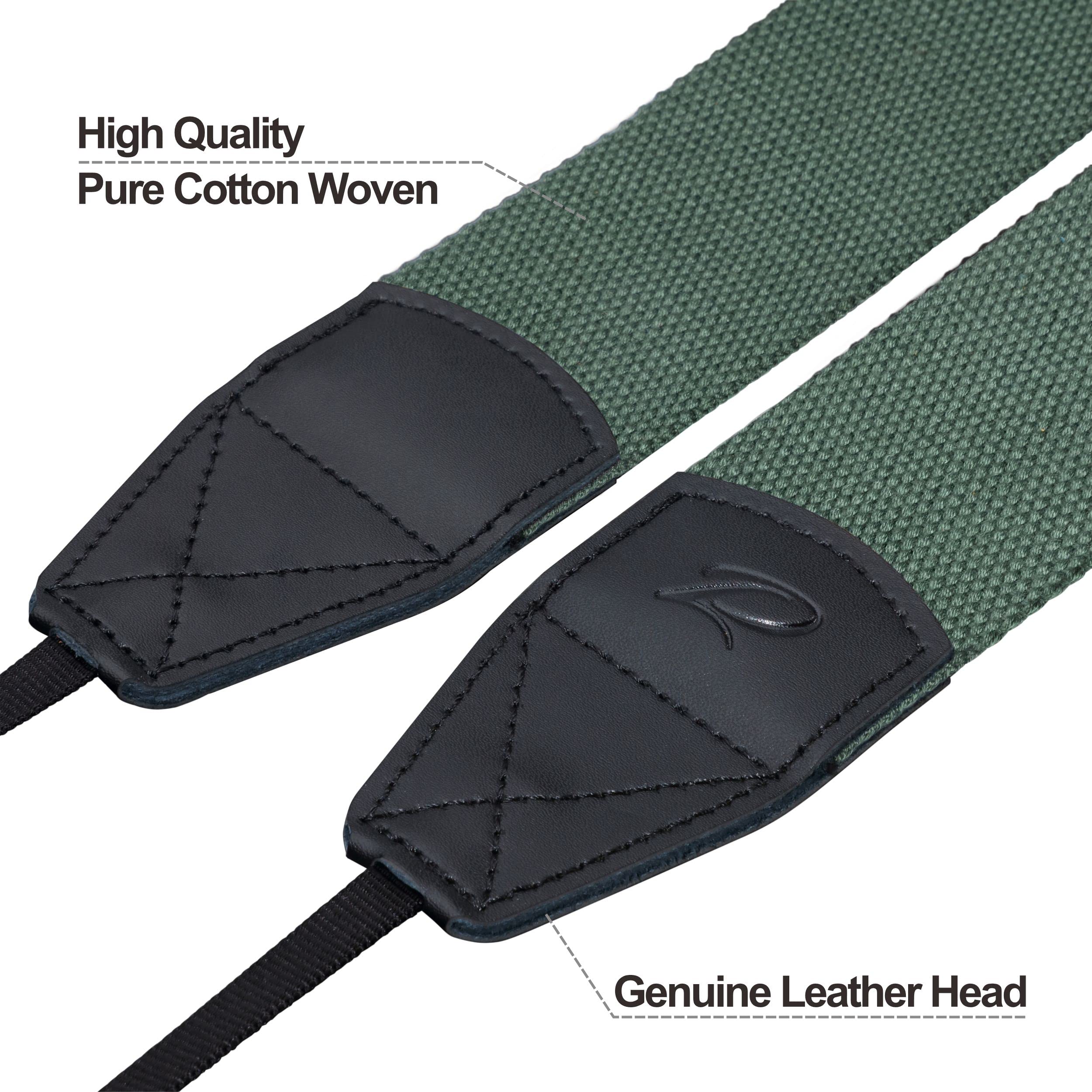 Padwa Lifestyle Dark Green Camera Strap - 2 Inch Wide Cotton Woven Genuine Leather Neck Strap for DSLR/SLR Cameras, Binoculars & Drone Remote Control with 2 Free Quick Release Clips | Perfect for Travel, Photography & Outdoor Adventures