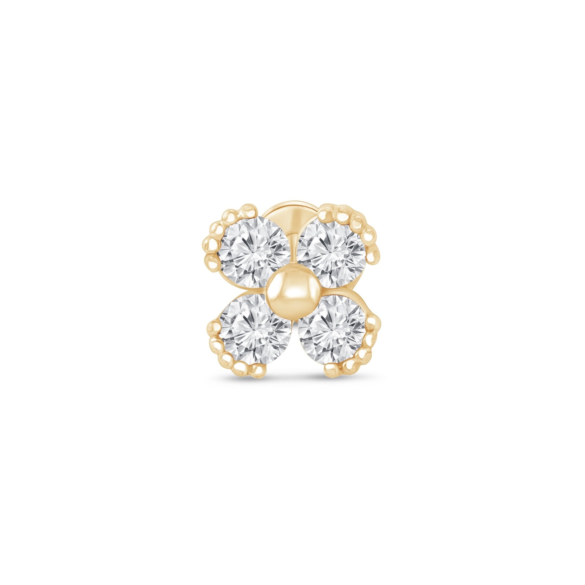 14K Solid Yellow Gold Beaded Diamond Four-Petal Flower Flat Back Stud Earrings for Women - Perfect for Weddings, Parties & Everyday Elegance