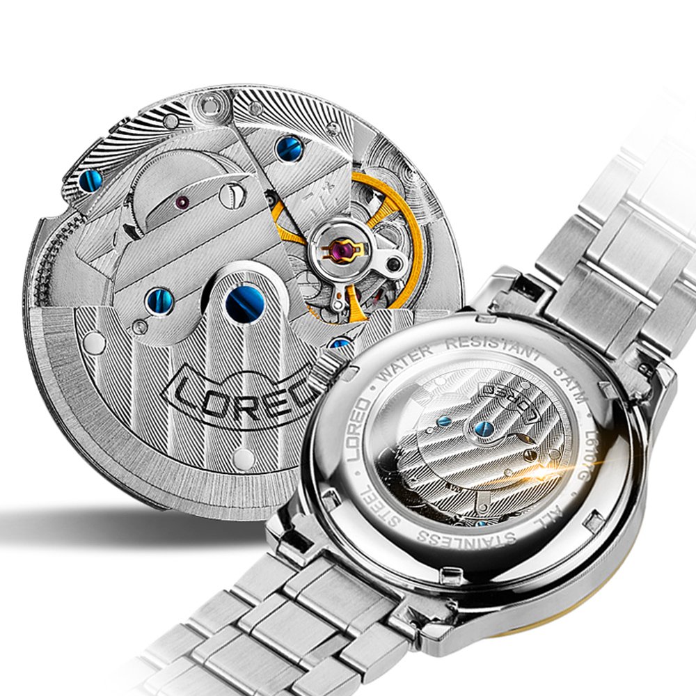 LOREO Men's Automatic Watch with Sapphire Glass, Gold/Silver Stainless Steel, Date Display, Water Resistant - Perfect for Business, Formal Events & Everyday Wear